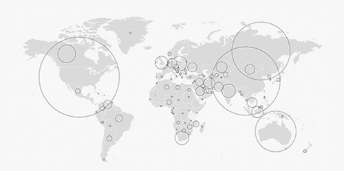World map showing radial circles