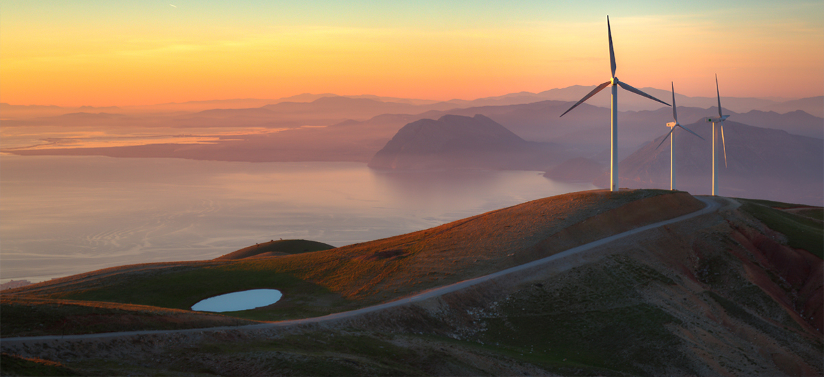 Wind turbines on a scenic background