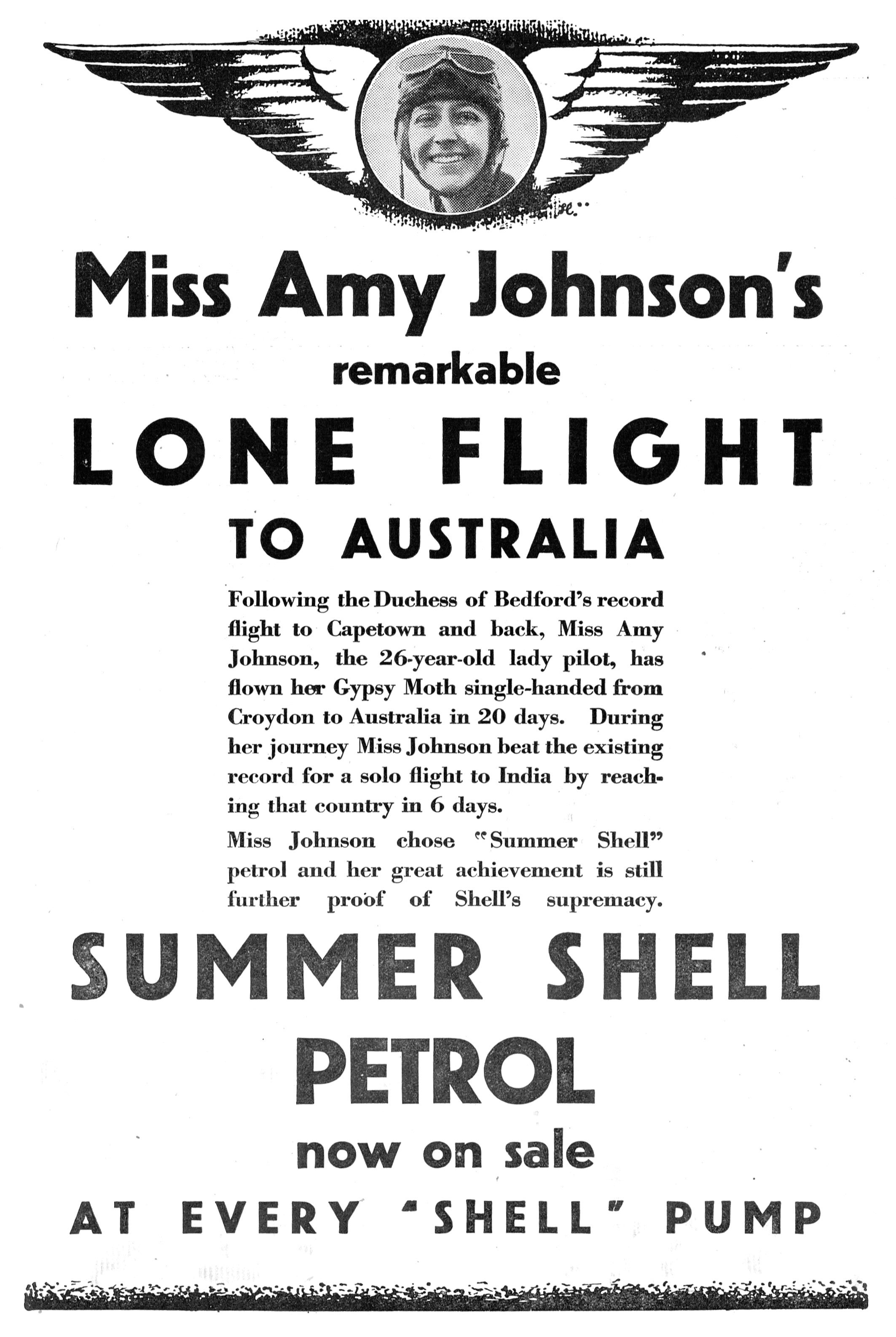 Poster of Miss Amy Johnson's remarkable Lone Flight to Australia, 1930