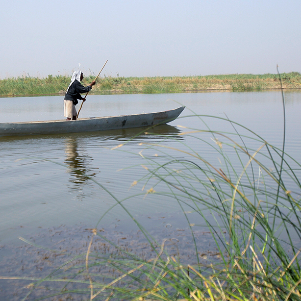 Woman navigating a boat on the marsh